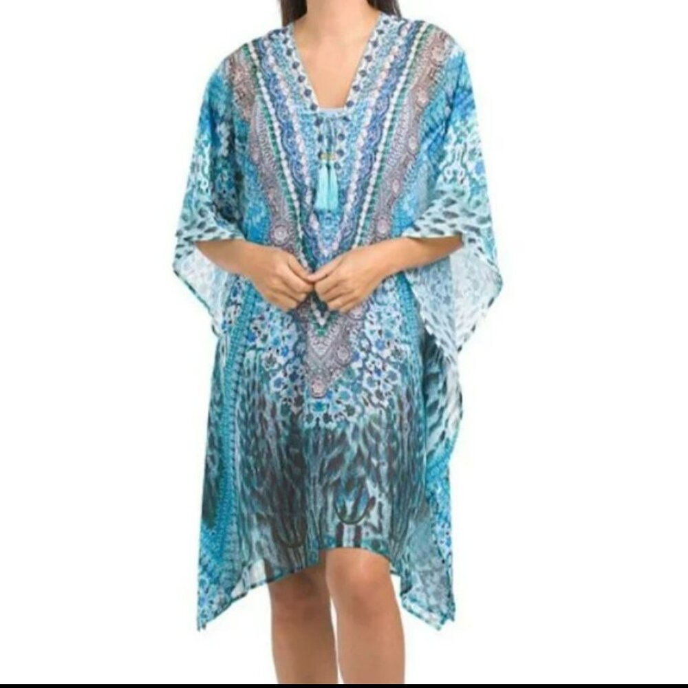 True Colours by La Moda Blue Watercolor Caftan Swim Cover Up